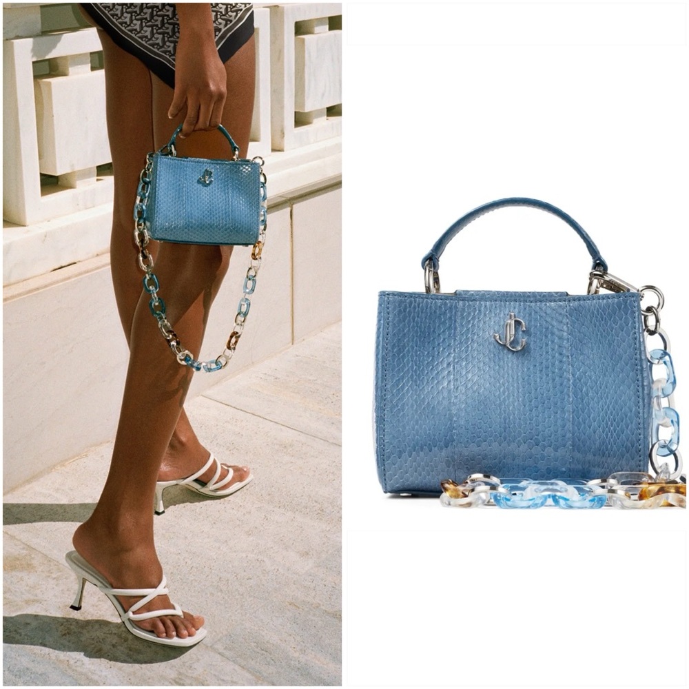 JIMMY CHOO Varenne Top Handle Blue Glossy Elaphe Mini Handbag Plexi Chain